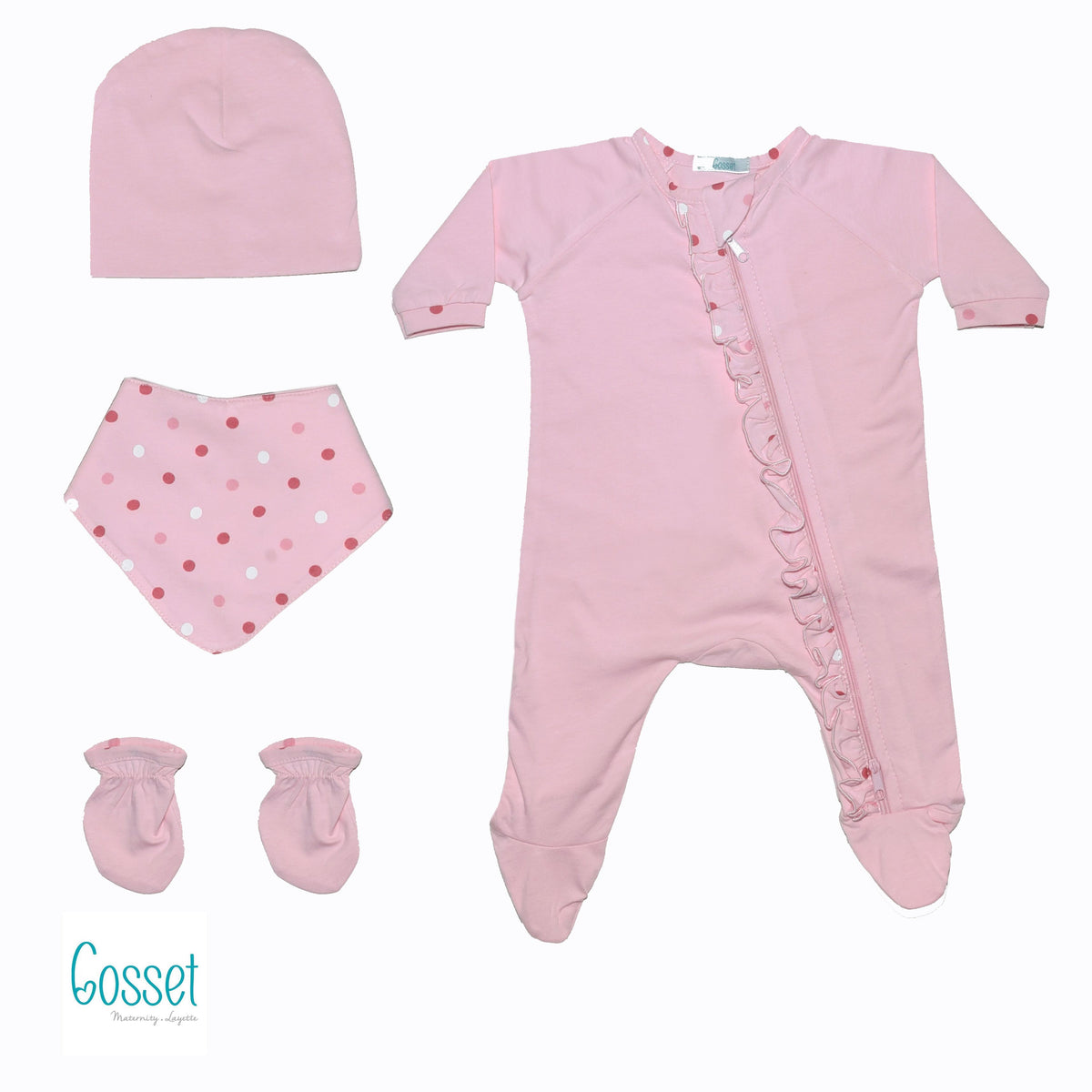 Babyhug Cotton Knit Full Sleeves Footed Sleepsuit With Polka Dots Print & Cap - Pink