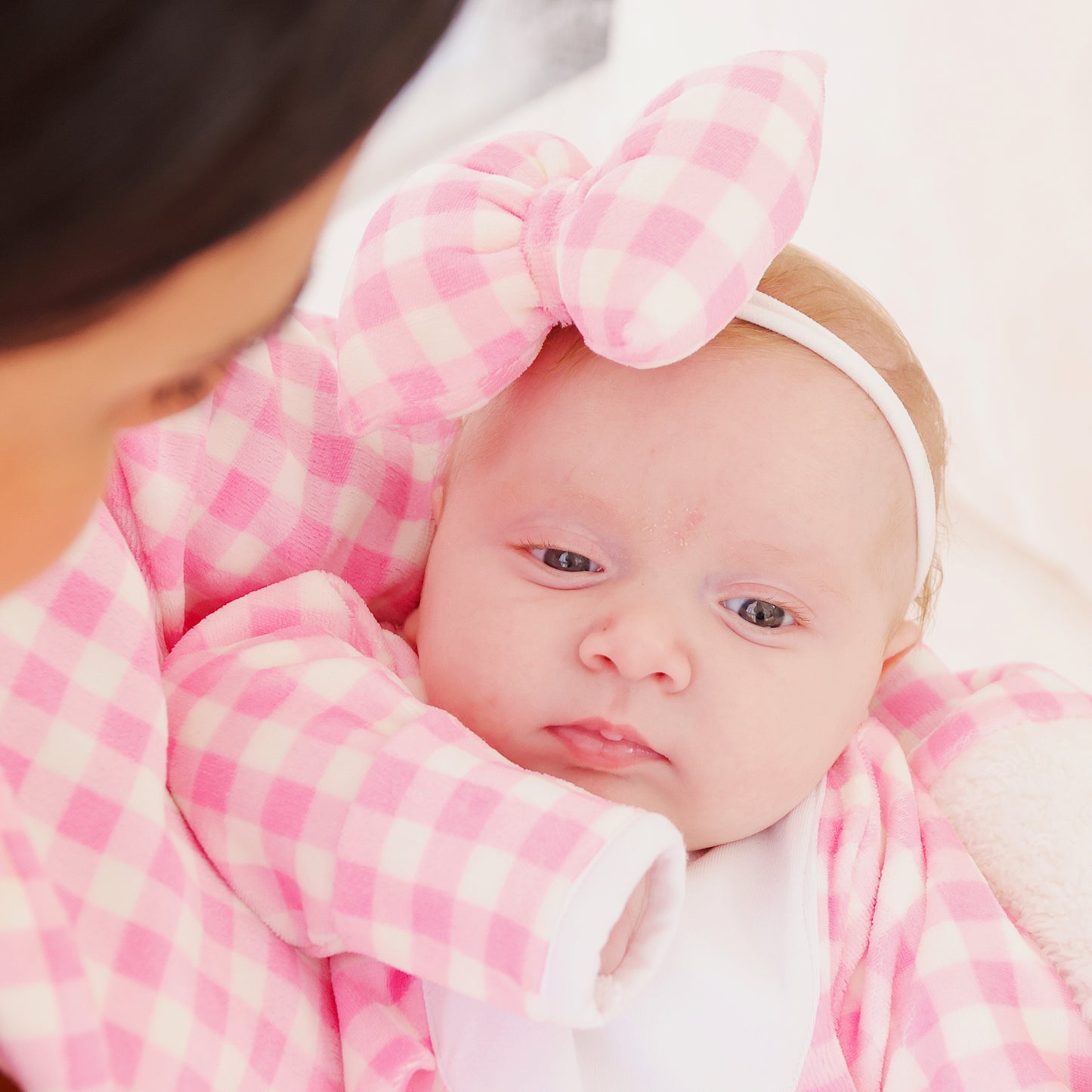 Load image into Gallery viewer, Gingham Pink Newborn Bow Headband
