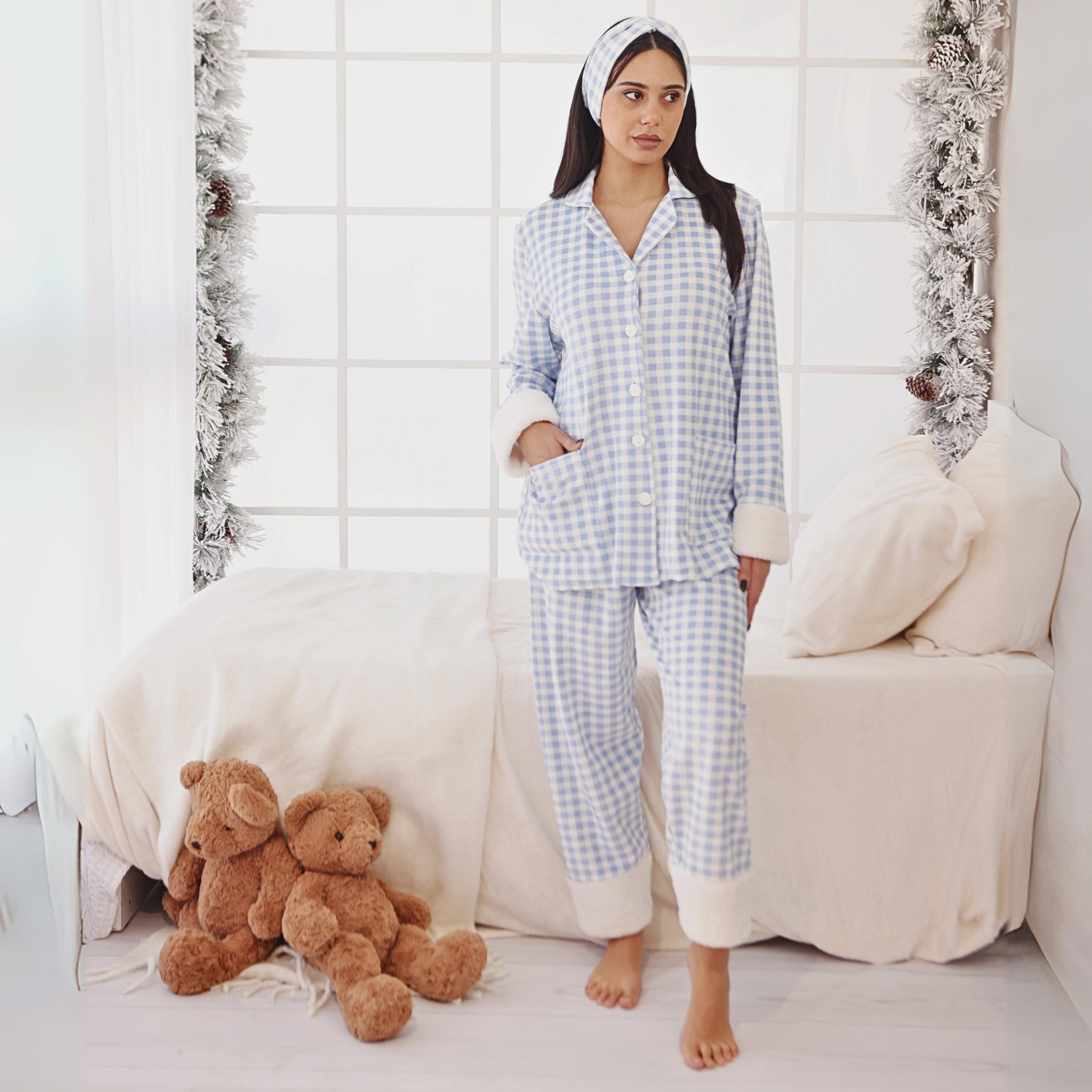 Gingham Blue  Fur Maternity Pajama Set – Cosset Loungewear